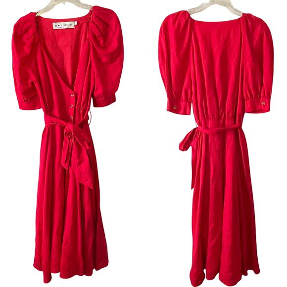 Fame & Partners Red Linen Blend Tie Waist Midi Dress Button Down Size 2 - Picture 2 of 9